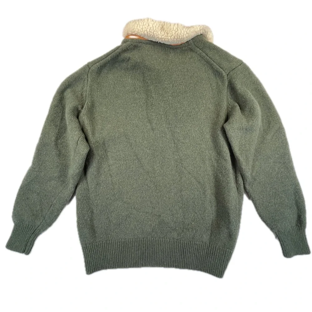 Orvis Quarter Zip Sherpa Collar Lambswool Sweater Size M Green Leather Trim Fall